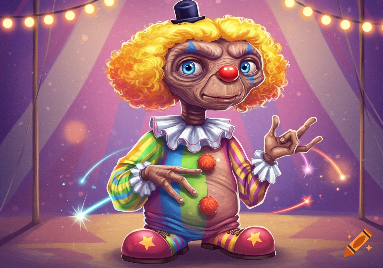 E.T. dressed as a clown in a circus tent, stylized illustration.