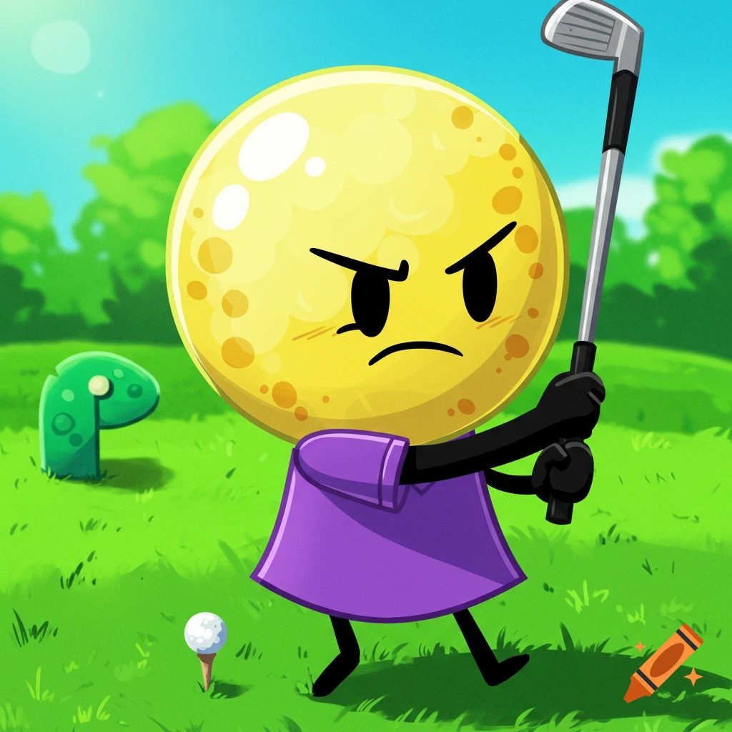 Cartoon yellow ball character from BFDI playing golf, holding a golf club. A green P-shaped character is in the background.