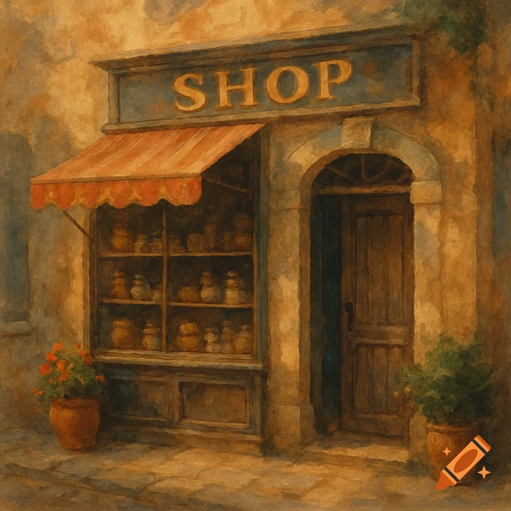A painterly image of a shop facade with an orange awning and a sign that says 'SHOP'.
