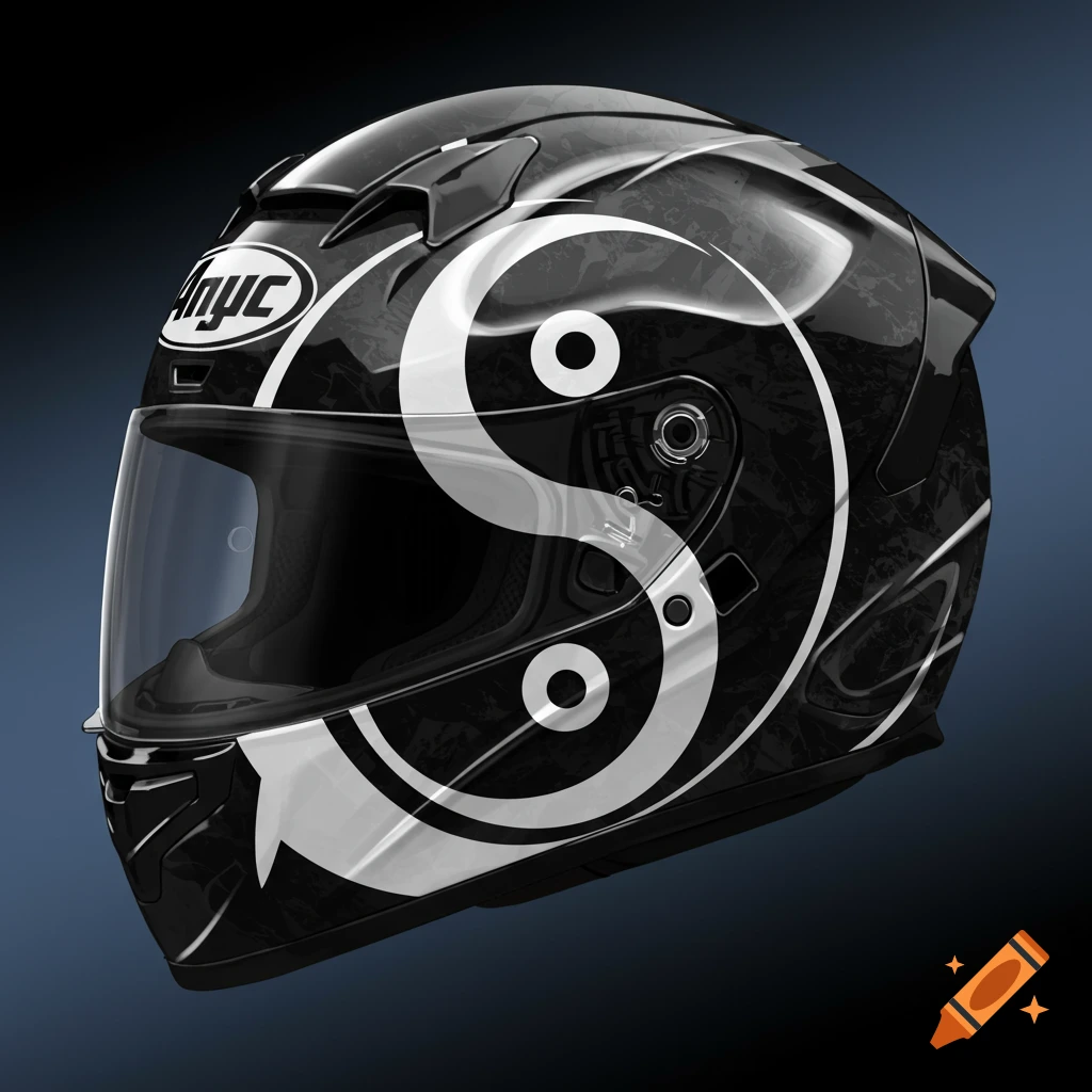 A black motorcycle helmet with a large white yin yang symbol.