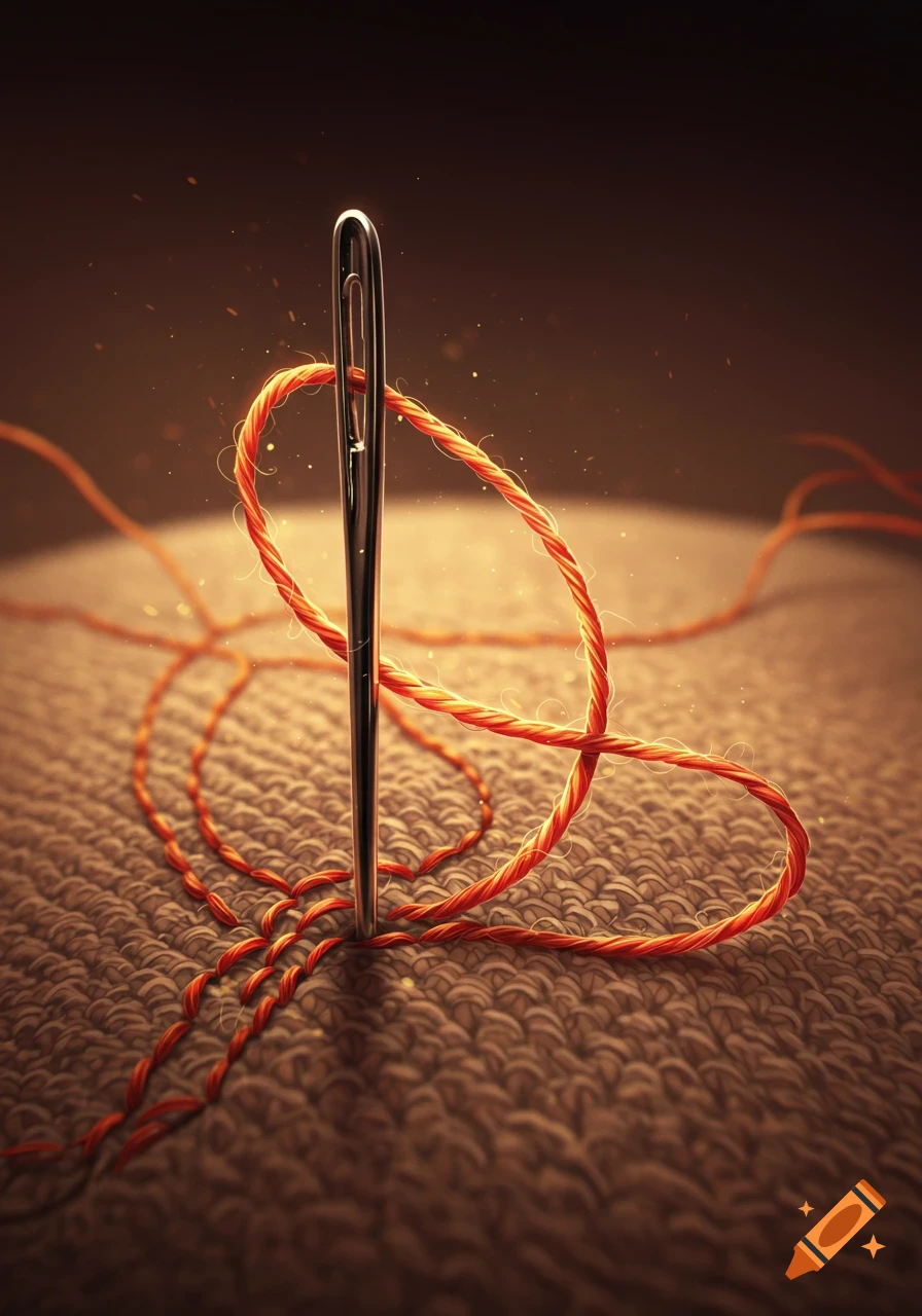 Macro close-up of a needle stuck in fabric with bright orange thread looping through its eye, under warm light.
