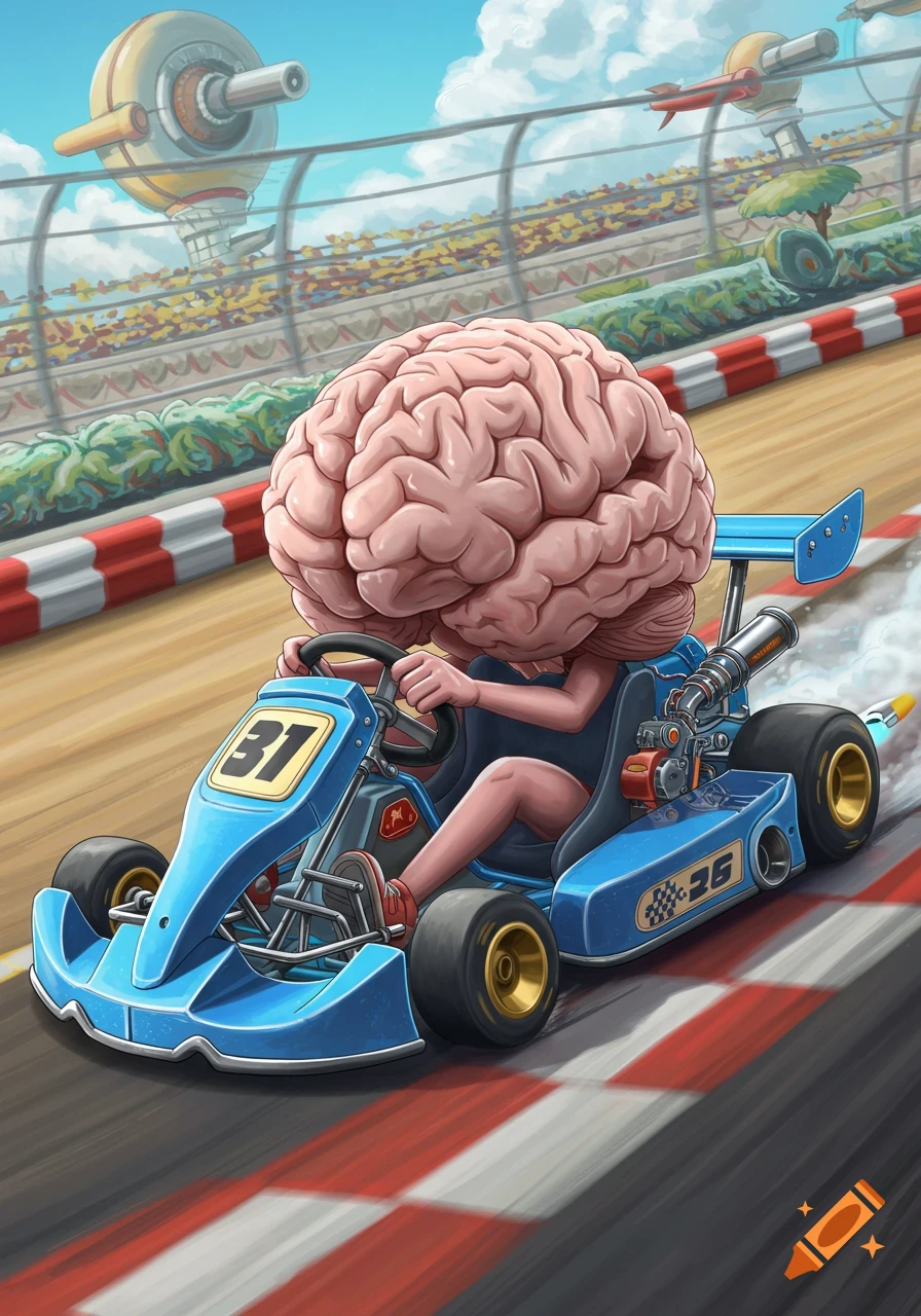 A large brain with human legs drives a blue go-kart on a racetrack in a cartoon style.
