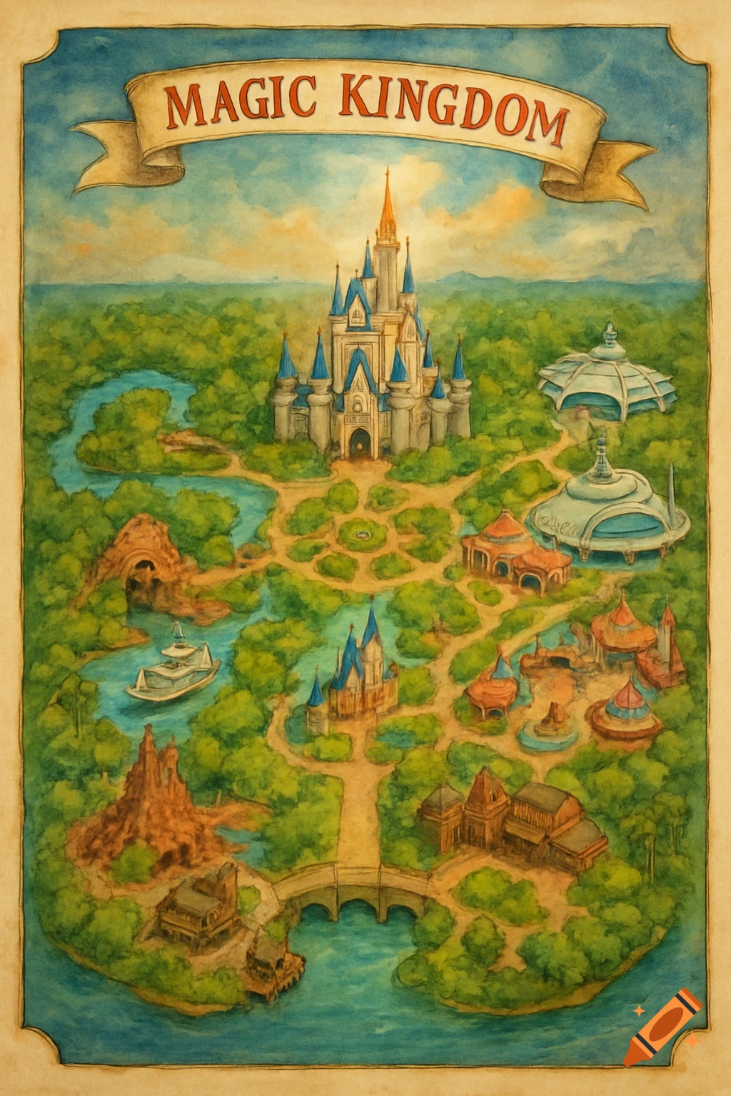 Watercolor map of Magic Kingdom theme park with castle, river, and various buildings.