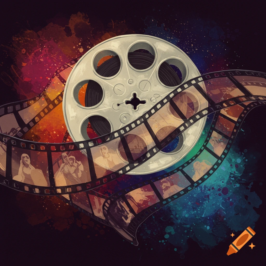 A film reel with a film strip wrapped around it, set against a colorful, abstract background.