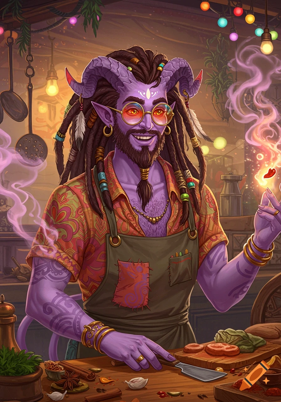 A lavender-skinned tiefling chef with dreadlocks, goatee, and sunglasses cooks in a kitchen.
