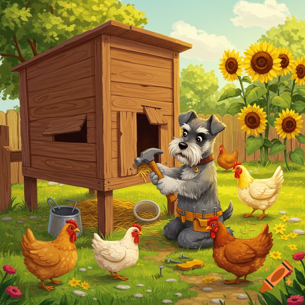 Illustration of a schnauzer dog fixing a chicken coop with a hammer, surrounded by chickens and sunflowers.