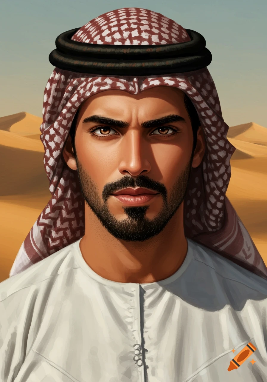 Portrait of a man in a keffiyeh against a desert background.