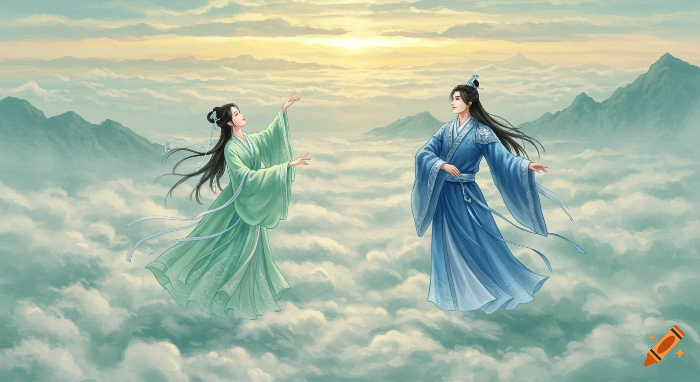 Painting of man and woman in traditional Hanfu robes dancing on clouds above mountains.
