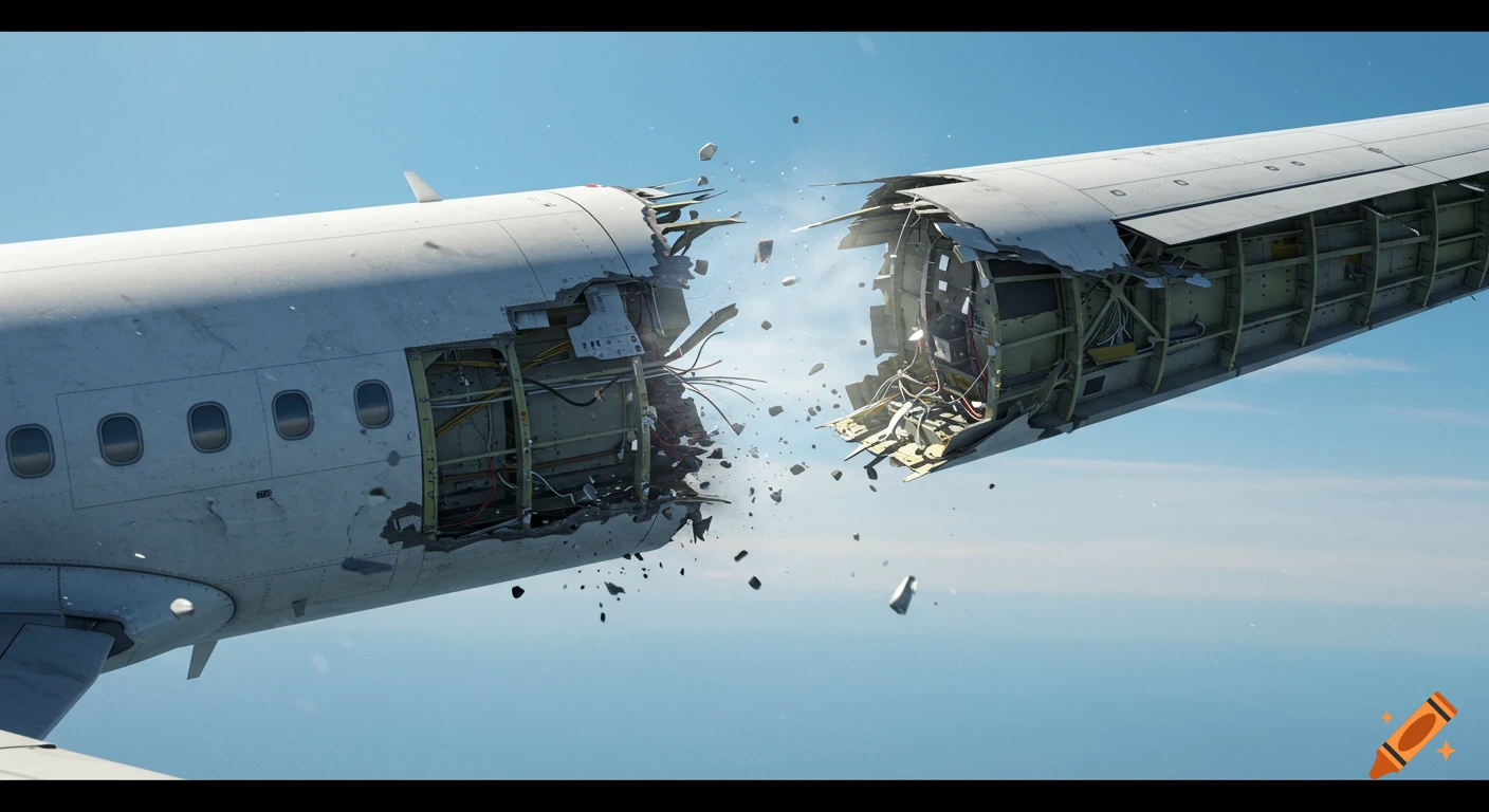 Photorealistic image of an airplane splitting apart in mid-flight, showing internal structure.