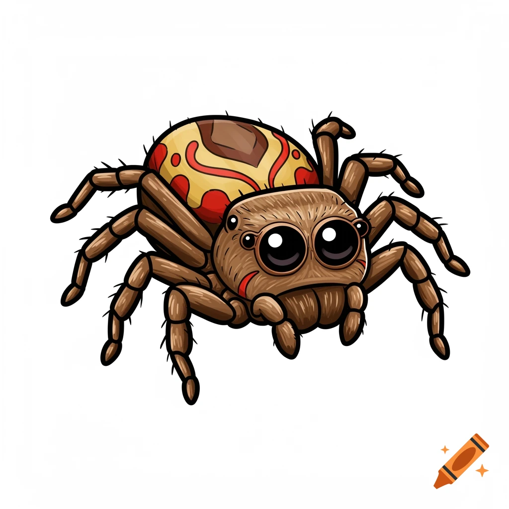A cute cartoon jumping spider with big eyes and a patterned back, illustrated in a coloring page style with bold lines.