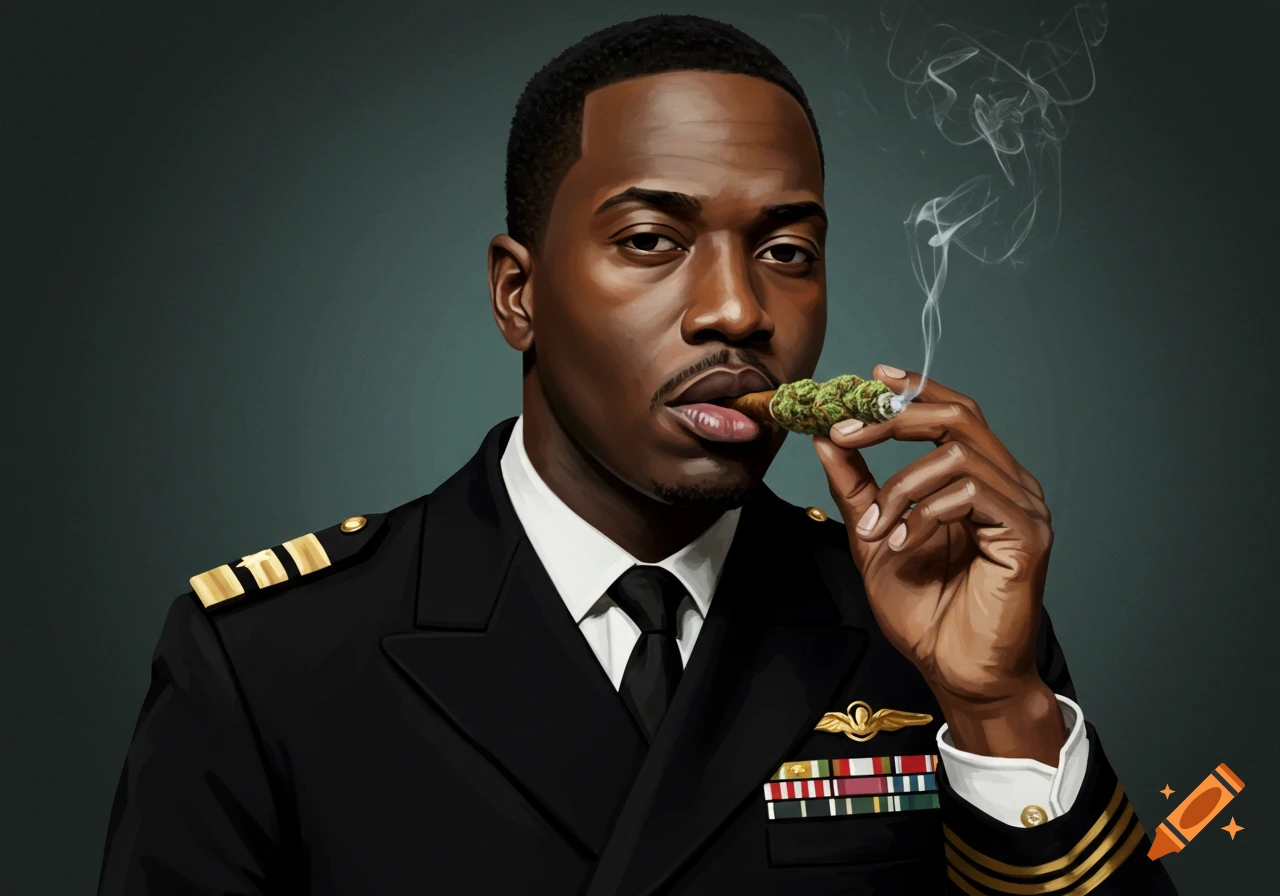 Painting of a man in a black navy suit smoking a cigar.