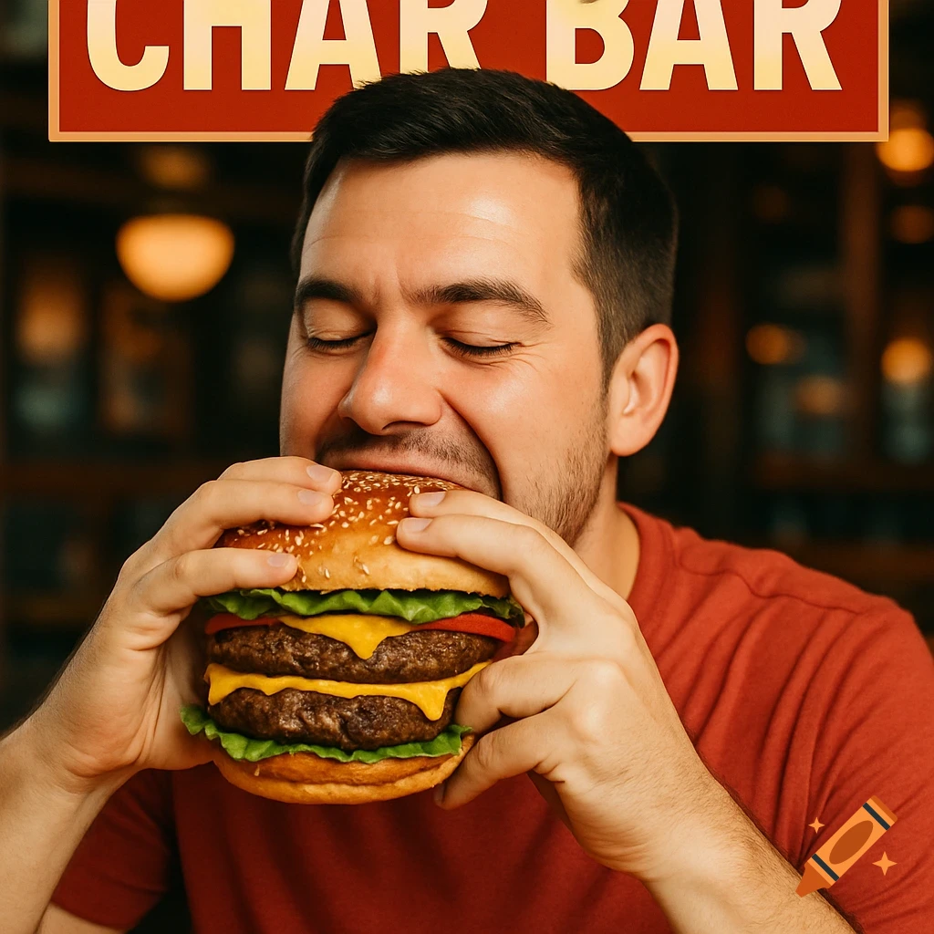 A man happily eats a large double-decker hamburger under a sign that reads 'CHAR BAR'.