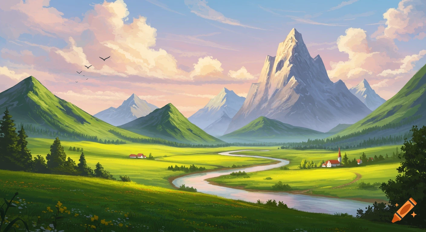 A vibrant digital painting of a green valley with a winding river leading towards a village and large mountains under a cloudy sky.