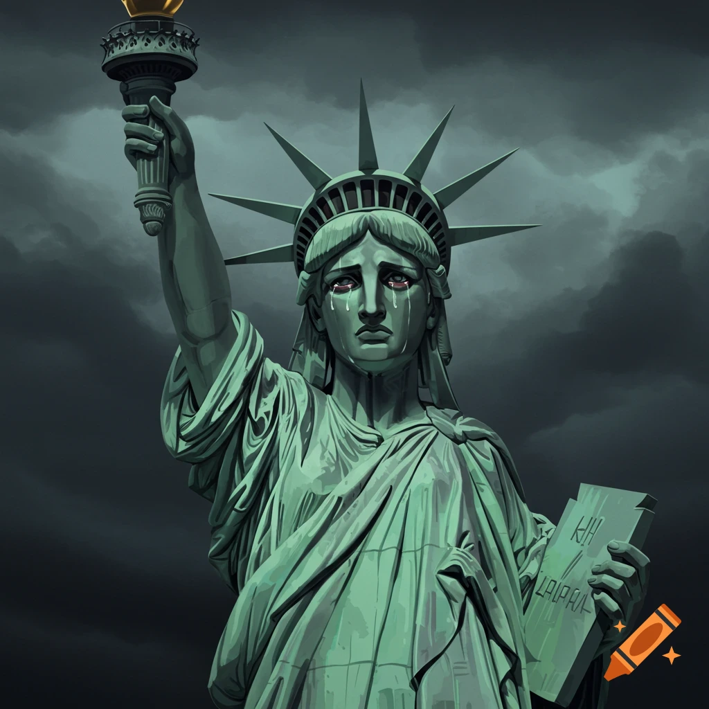 Illustrative rendering of the Statue of Liberty crying under dark clouds