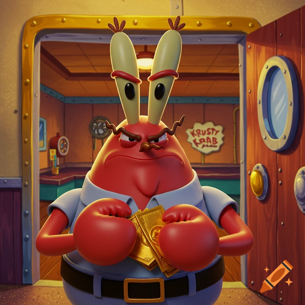 Cartoon depiction of Mr. Krabs from Spongebob Squarepants wearing boxing gloves and holding gold bars in the Krusty Krab.