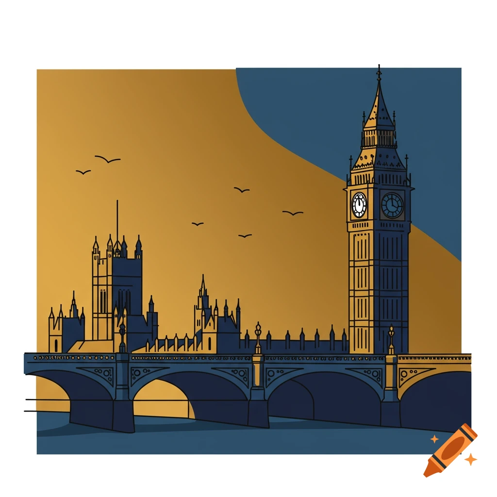 Abstract line drawing of Big Ben and Westminster Bridge.