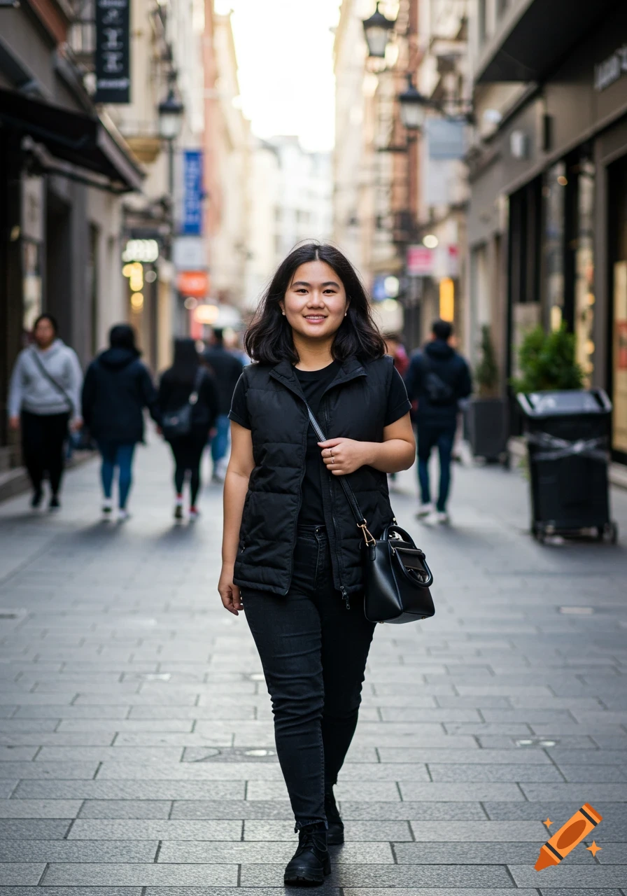 A young woman in a black vest and jeans walks down a busy city street carrying a purse.