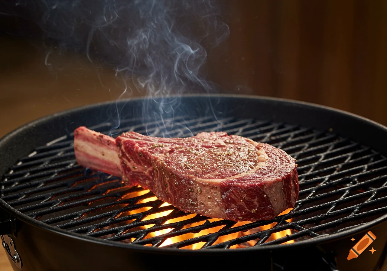 A large tomahawk steak grilling on a black grill with smoke rising.