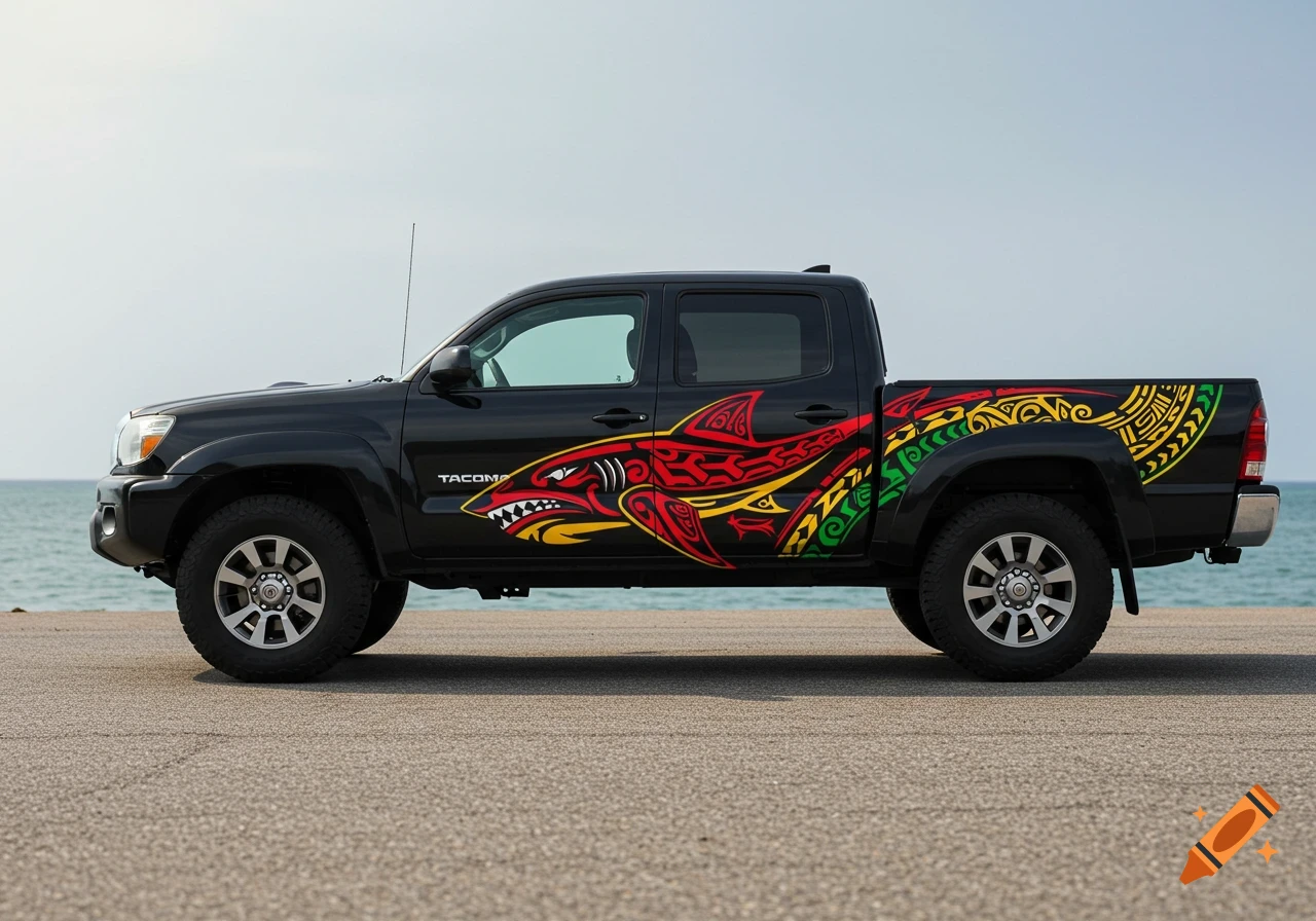 Black Toyota Tacoma truck with red, yellow, and green Polynesian tribal shark design on the side, parked by the water.