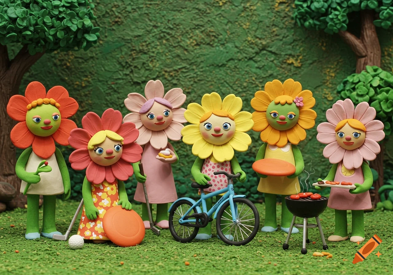 Claymation scene of seven flower characters having a picnic with golfing, frisbee, biking, and grilling.