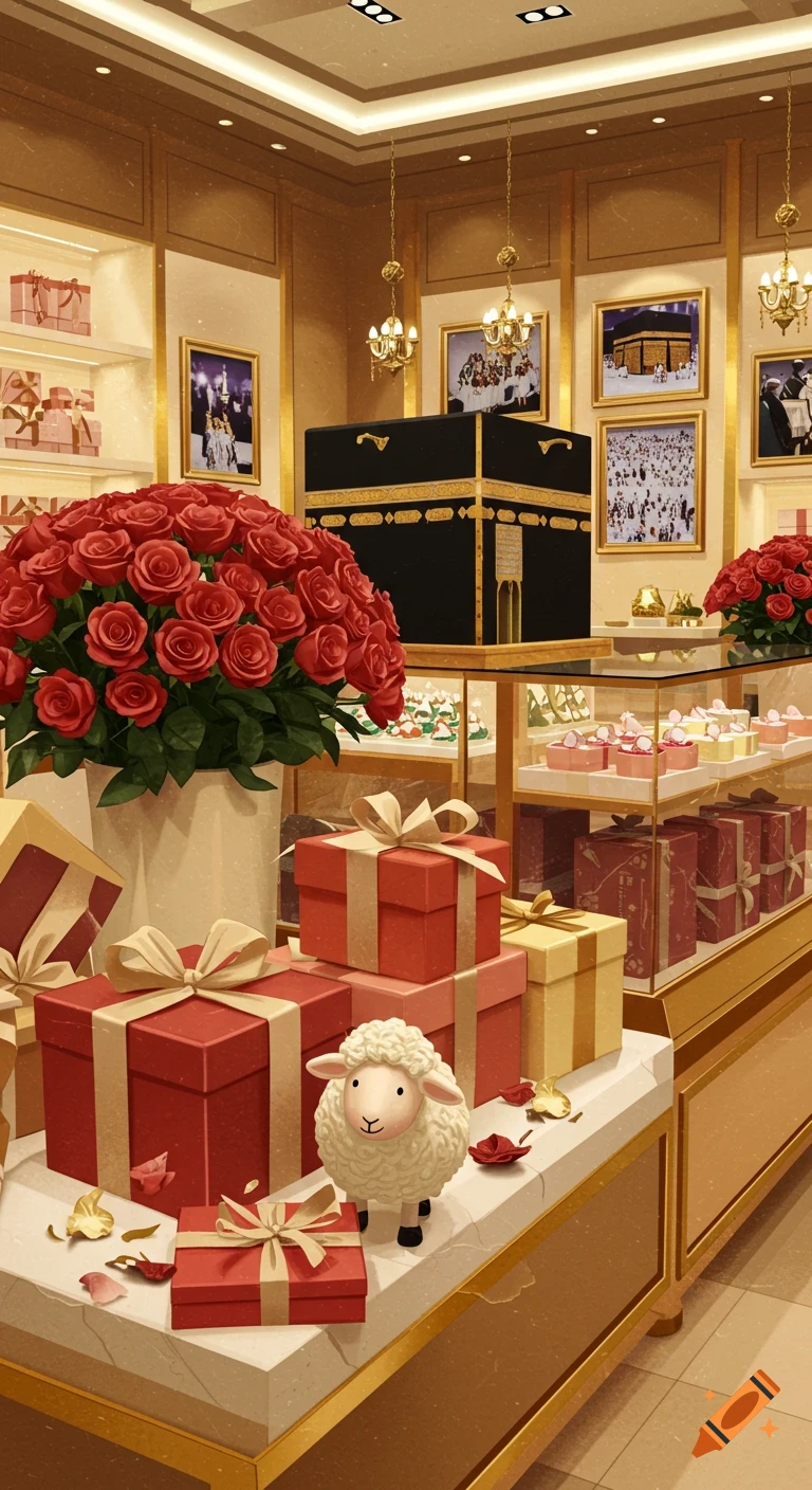 Luxurious boutique with gifts, red roses, fluffy sheep toy, and framed pictures of the Kaaba.