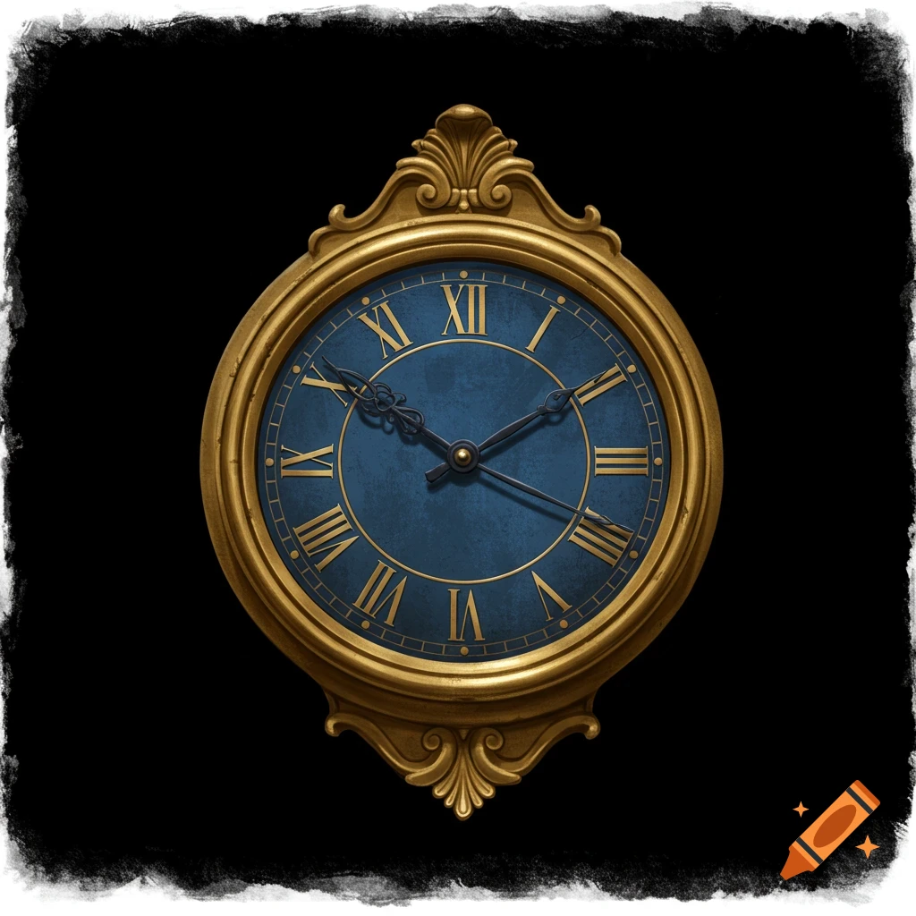 An ornate gold antique-style analog clock with a blue face and Roman numerals on a black background.