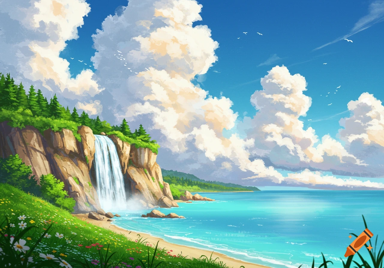 A vibrant anime-style landscape painting of a waterfall cascading onto a beach beside a turquoise ocean under a bright blue sky with large cumulus clouds.