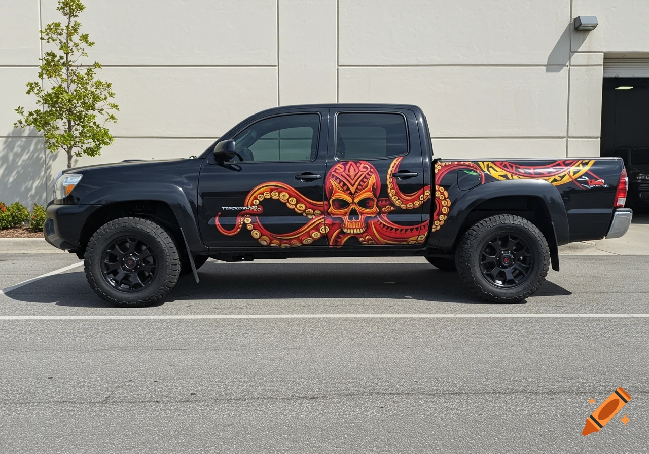 Black Toyota Tacoma truck with red and yellow tribal octopus skull decal on the side