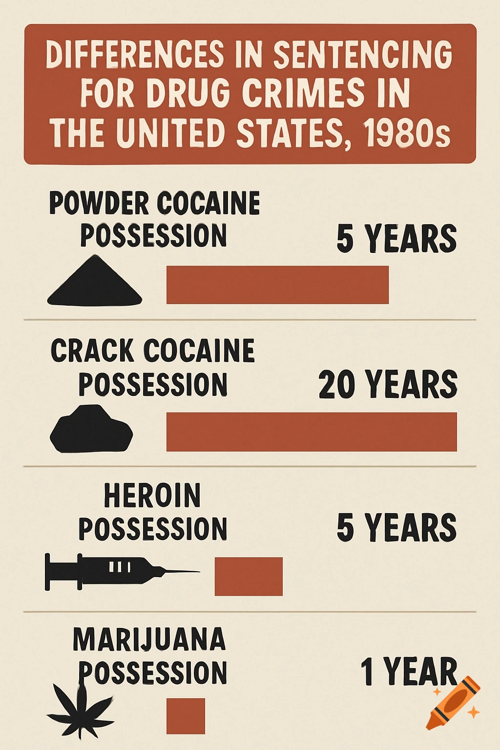 Infographic showing differences in sentencing for drug crimes in the United States in the 1980s.