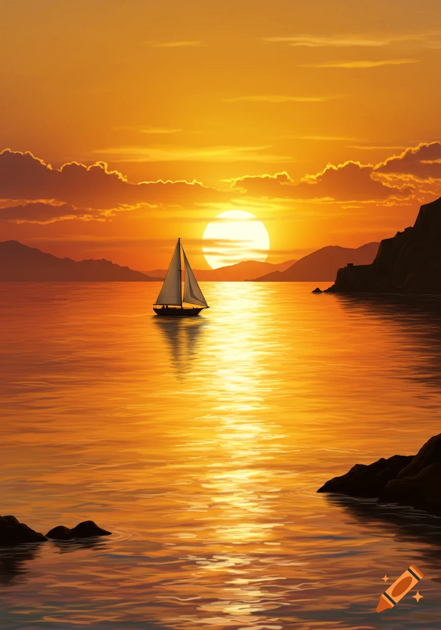 A sailboat on calm water at sunset, with mountains in the background. Digital illustration.