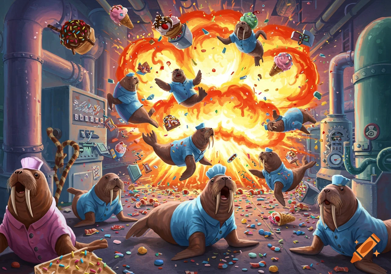Cartoon walruses fly through the air during an ice cream factory explosion with flying ice cream and candy.