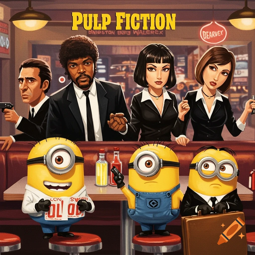 Stylized illustration of Pulp Fiction characters and Minions in a diner, holding guns.