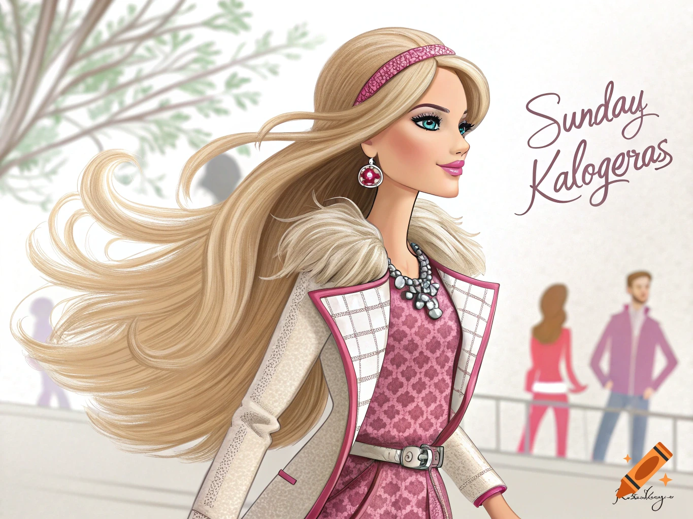 Illustration of a blonde woman resembling Barbie in a fashionable outfit with flowing hair and text 'Sunday Kalogeras'.