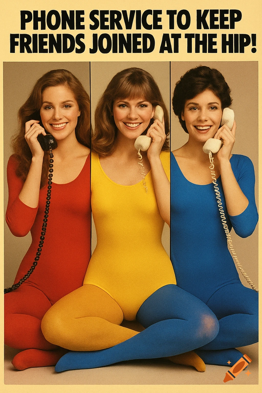 1980s ad of three women joined together in colorful leotards, holding phones. Text reads 'Phone service to keep friends joined at the hip!'