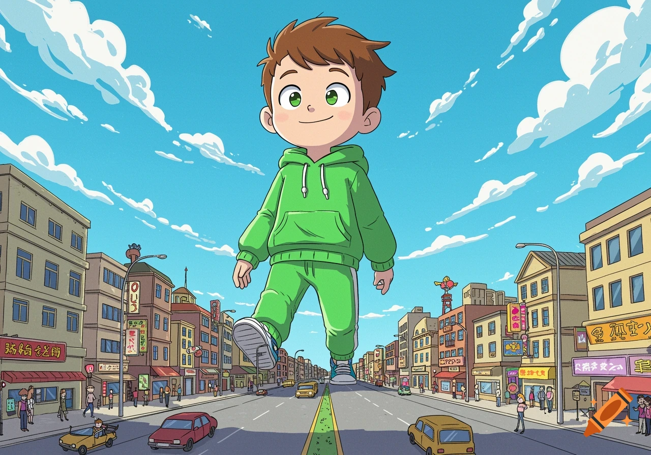 A giant cartoon boy walks down a street in a city in a comic book artstyle.