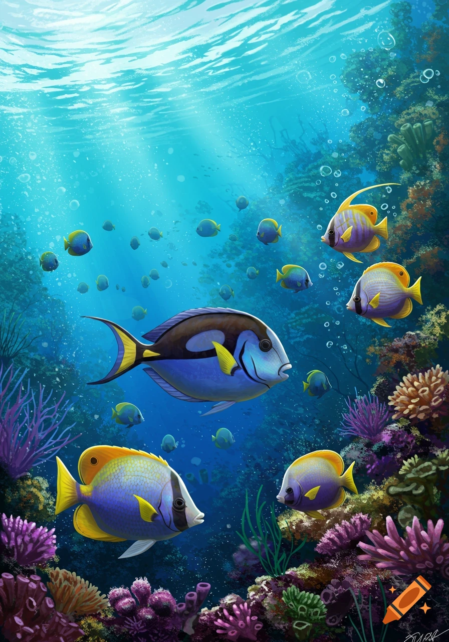 Colorful fish swim among coral in a sunlit underwater scene illustration.