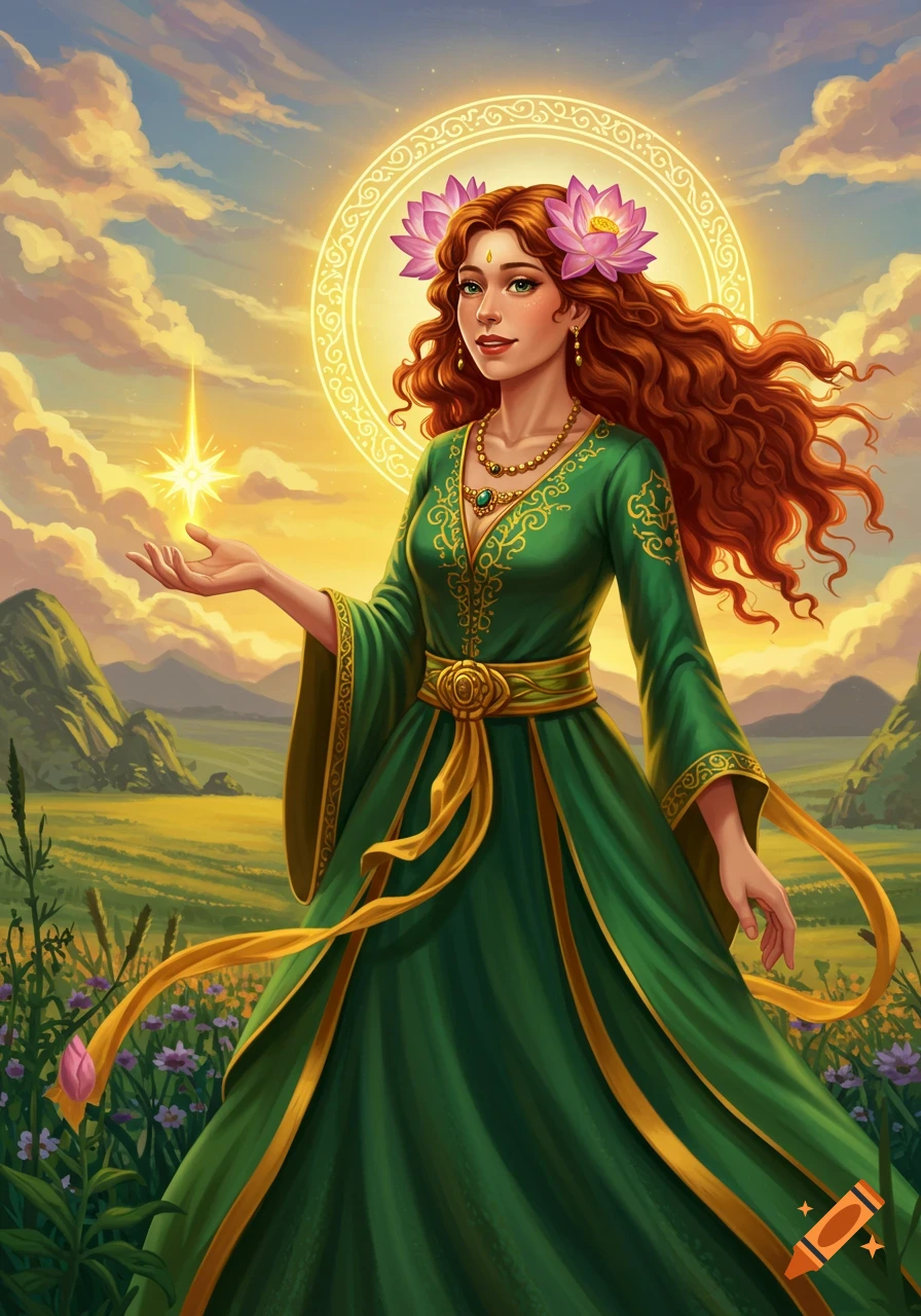 Illustration of a goddess in a green dress holding a glowing star, standing in a field with flowers and mountains. Halo behind her.