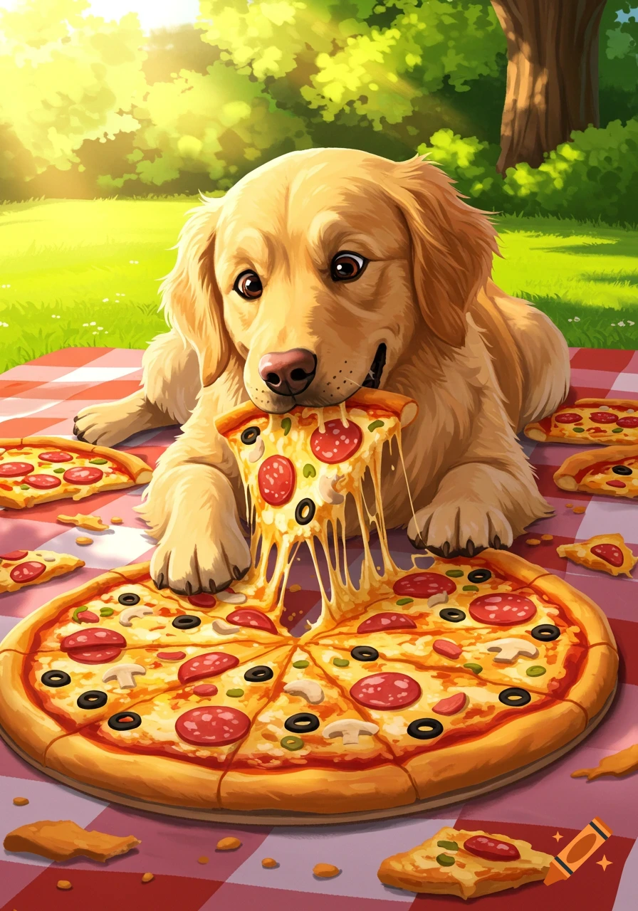 A golden retriever dog lies on a picnic blanket in a park, taking a large bite of a slice of pepperoni and olive pizza with melty cheese pull.