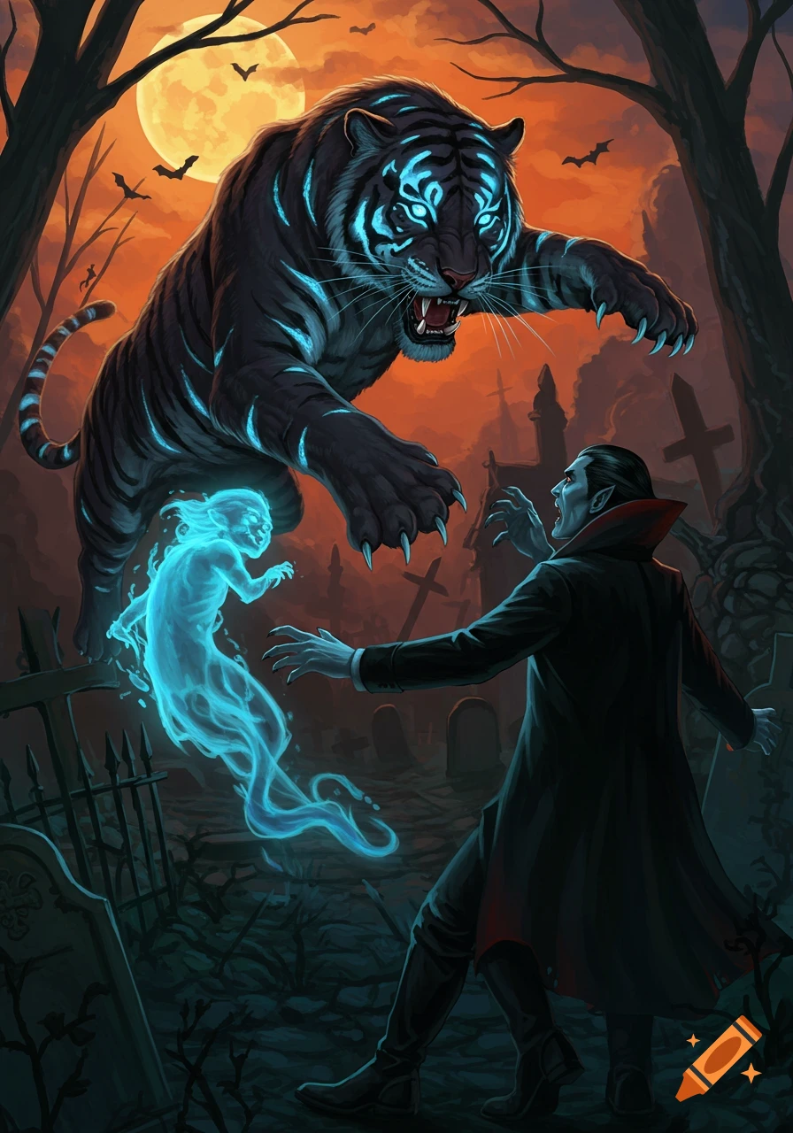 A glowing blue tiger attacks a vampire and a ghost in a dark graveyard under an orange moon.