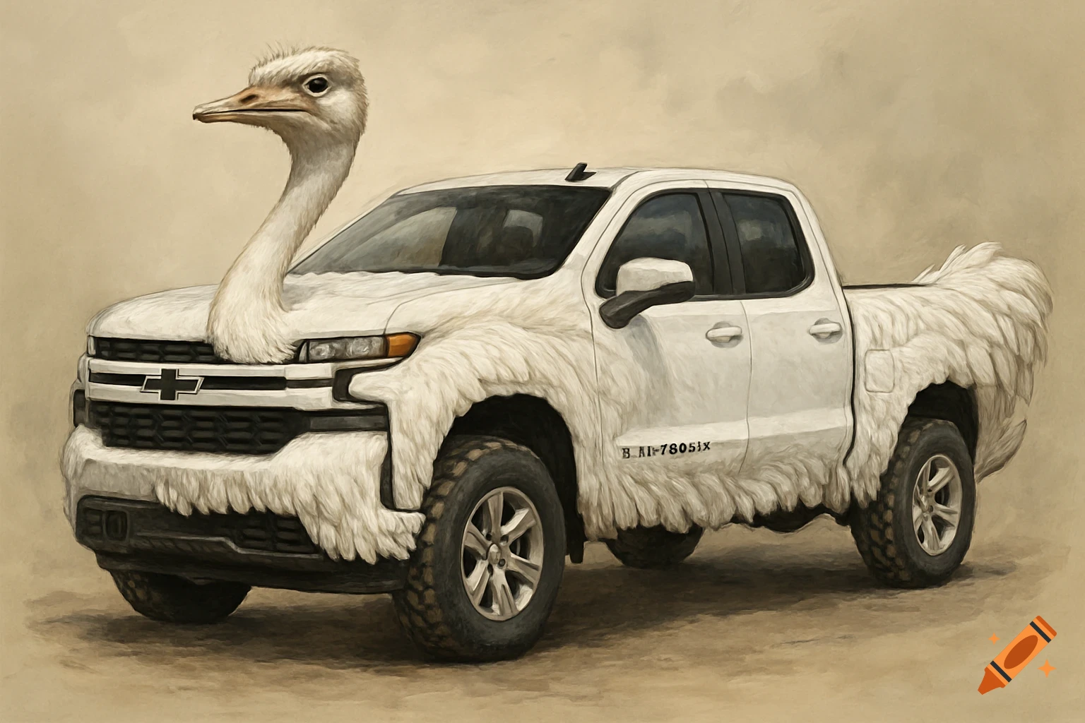 A white pickup truck with an ostrich head sticking out of the hood and feathers covering the body, in a painting style.