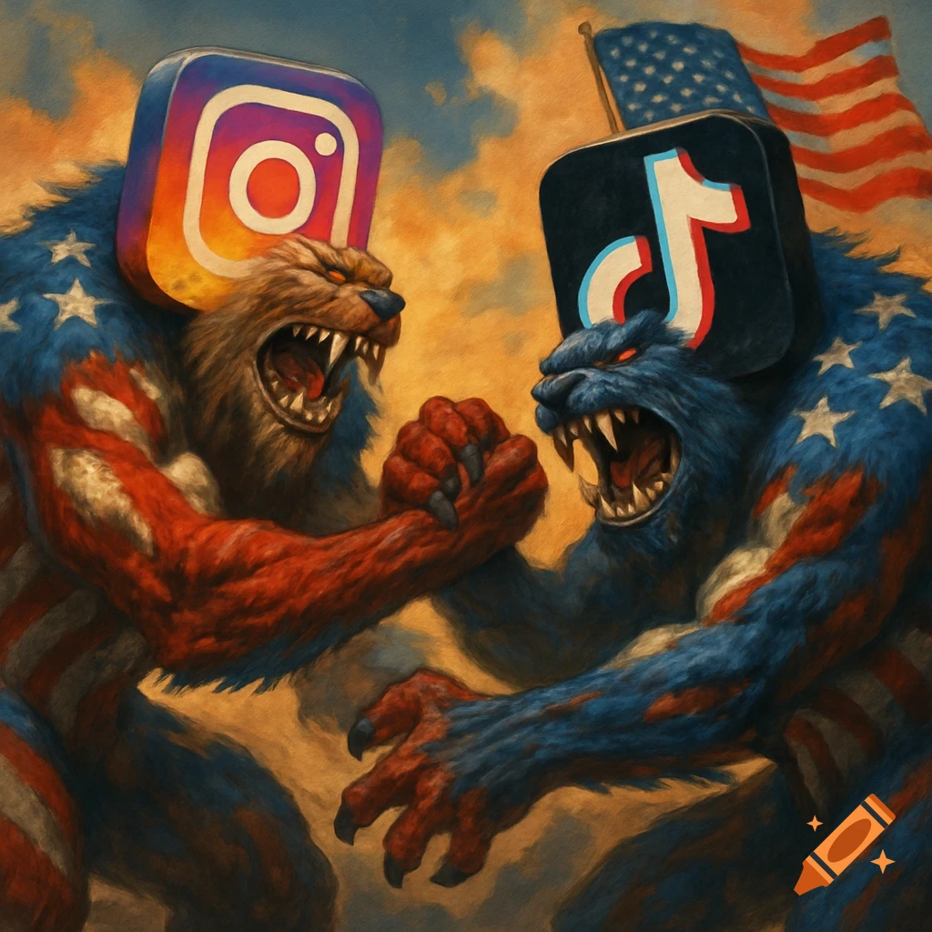 Two monstrous figures with Instagram and TikTok logos as heads, patterned with American flag colors, arm-wrestling in a painterly style.