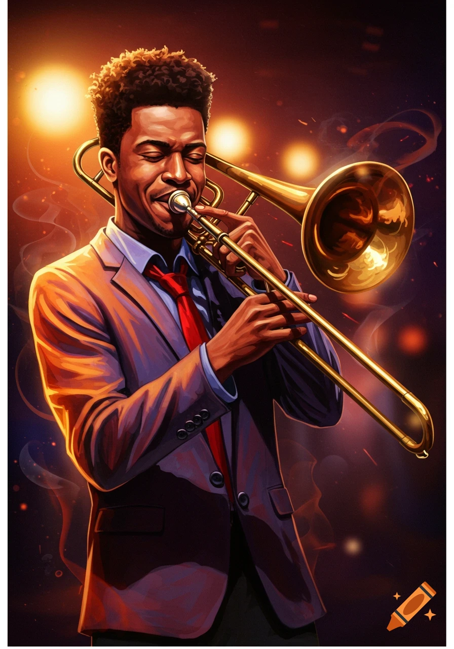 A Black man plays a trombone in a digital painting with warm lighting.