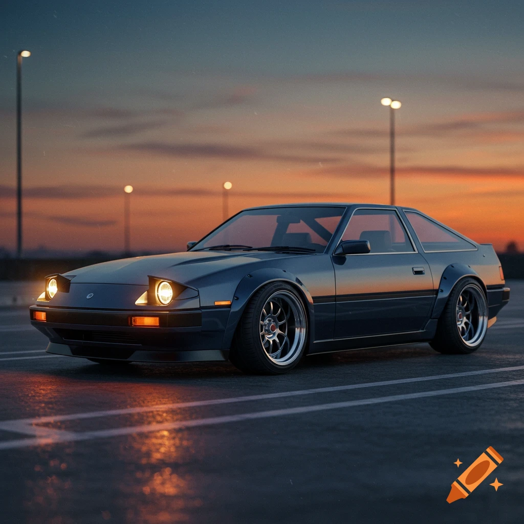 A blue sports car with pop-up headlights parked on wet asphalt at dusk under an orange sky.