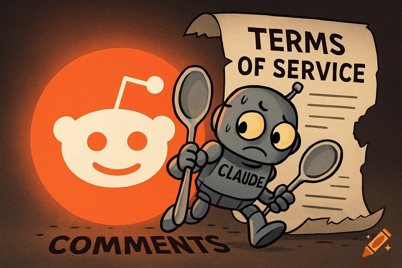 Cartoon robot labeled Claude with spoons near a Reddit logo and Terms of Service scroll, on COMMENTS text.