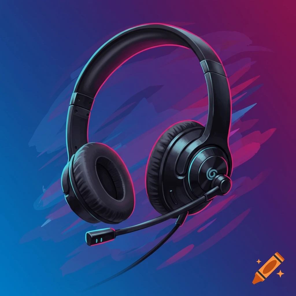 Black gaming headset with a microphone against a blue and purple background.
