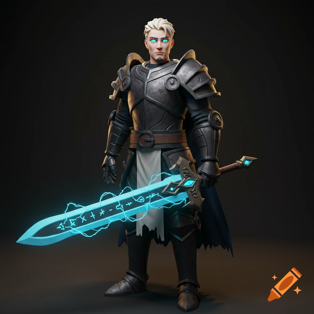 Low-poly 3D model of a knight with glowing blue eyes and a glowing sword