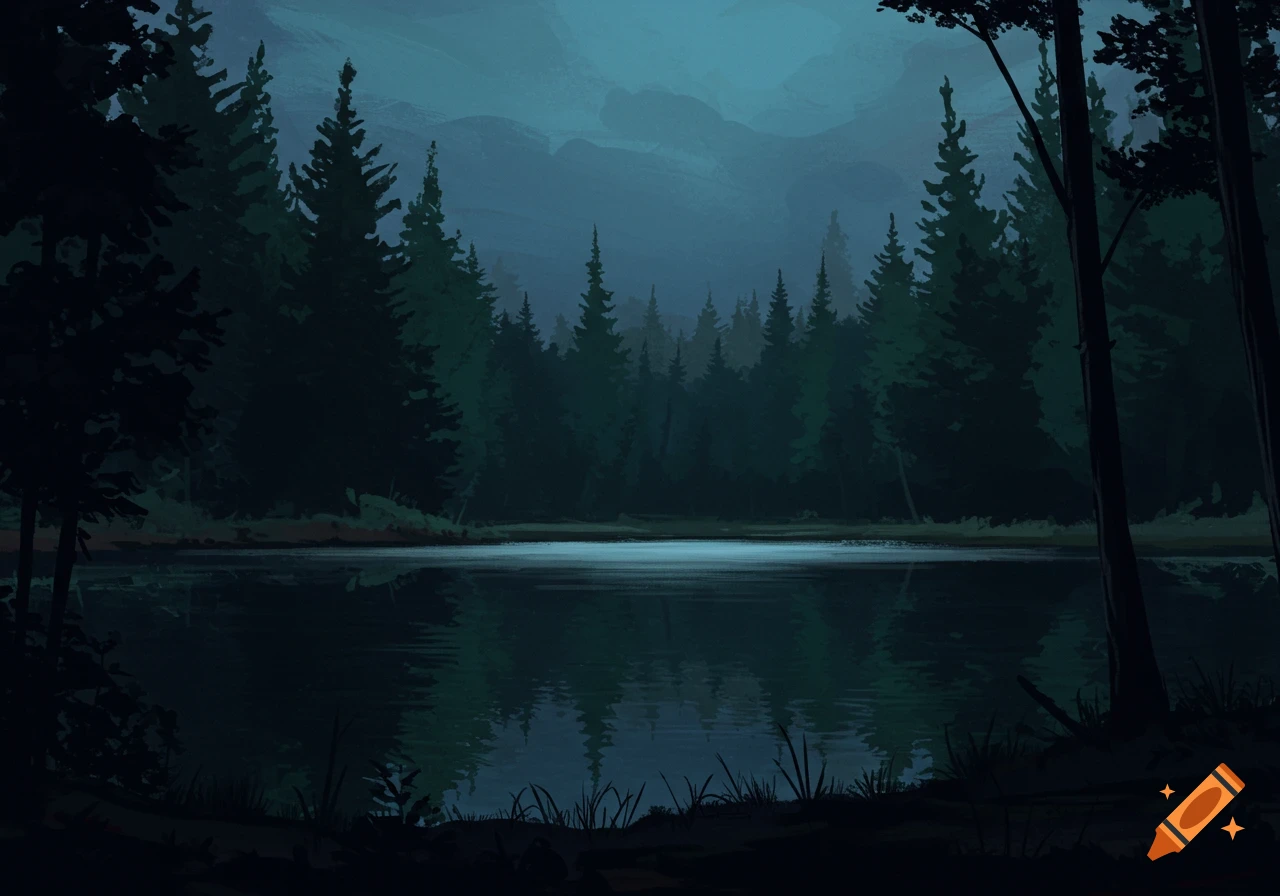 An illustration of a dark forest reflected in a lake under a cloudy sky.
