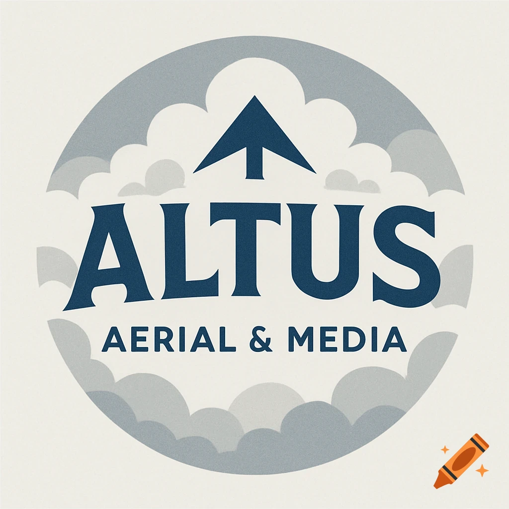 Circular logo with ALTUS AERIAL & MEDIA text, arrow, and clouds.