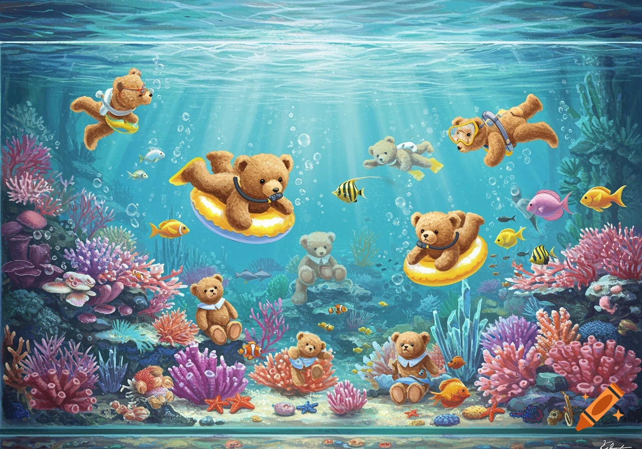 Illustration of teddy bears swimming and sitting in a vibrant coral reef aquarium with fish.
