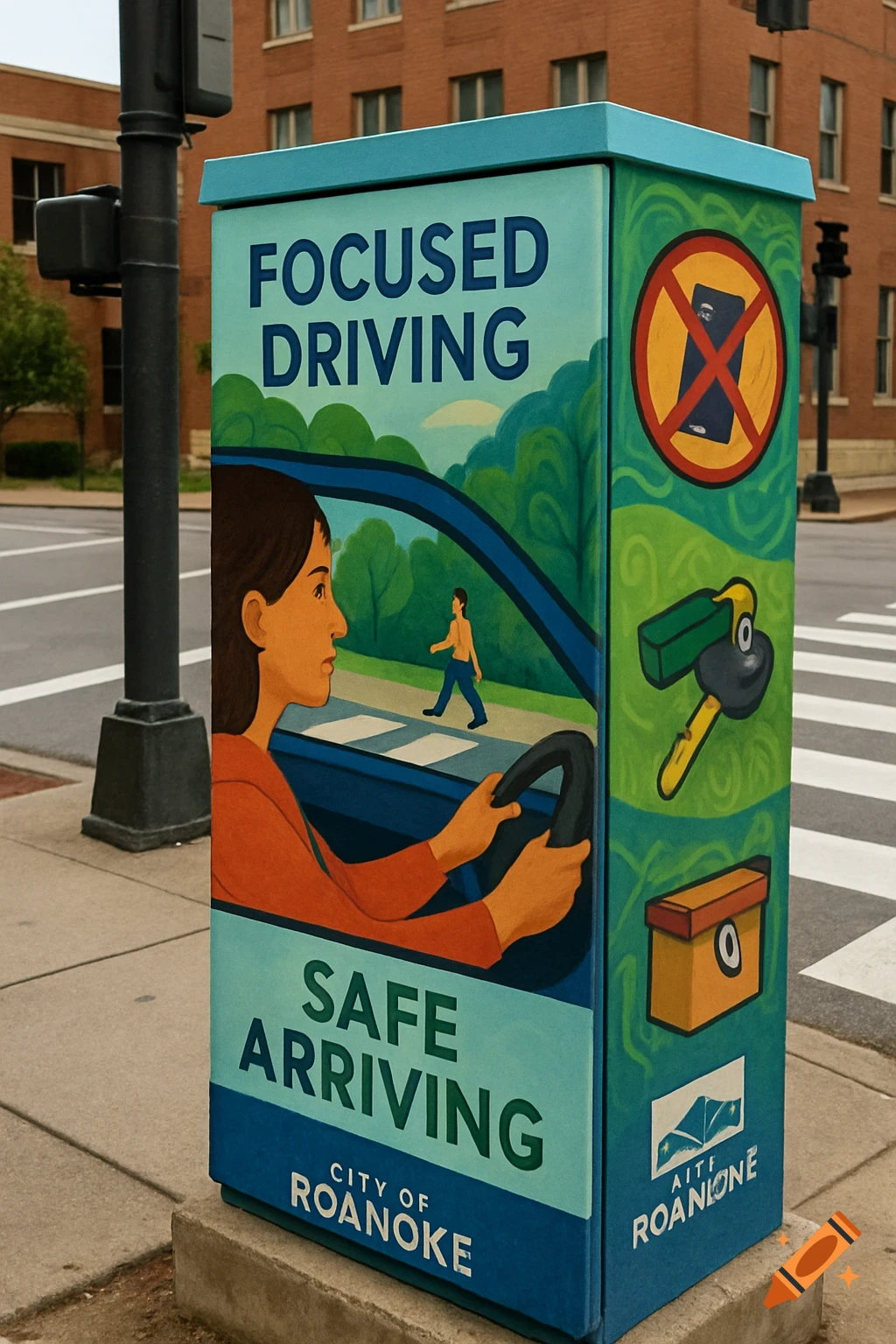A traffic signal box painted with a mural for the 'Focused Driving, Safe Arriving' campaign in Roanoke.